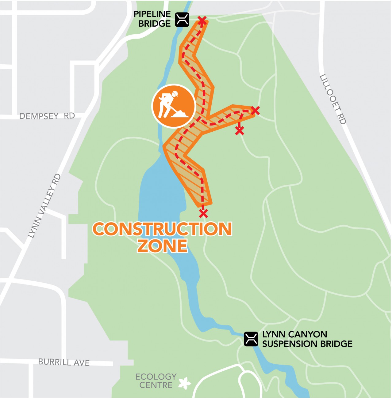Map of the construction zone at Lynn Canyon Park during the replacement project for the staircase at 30-foot pool. 