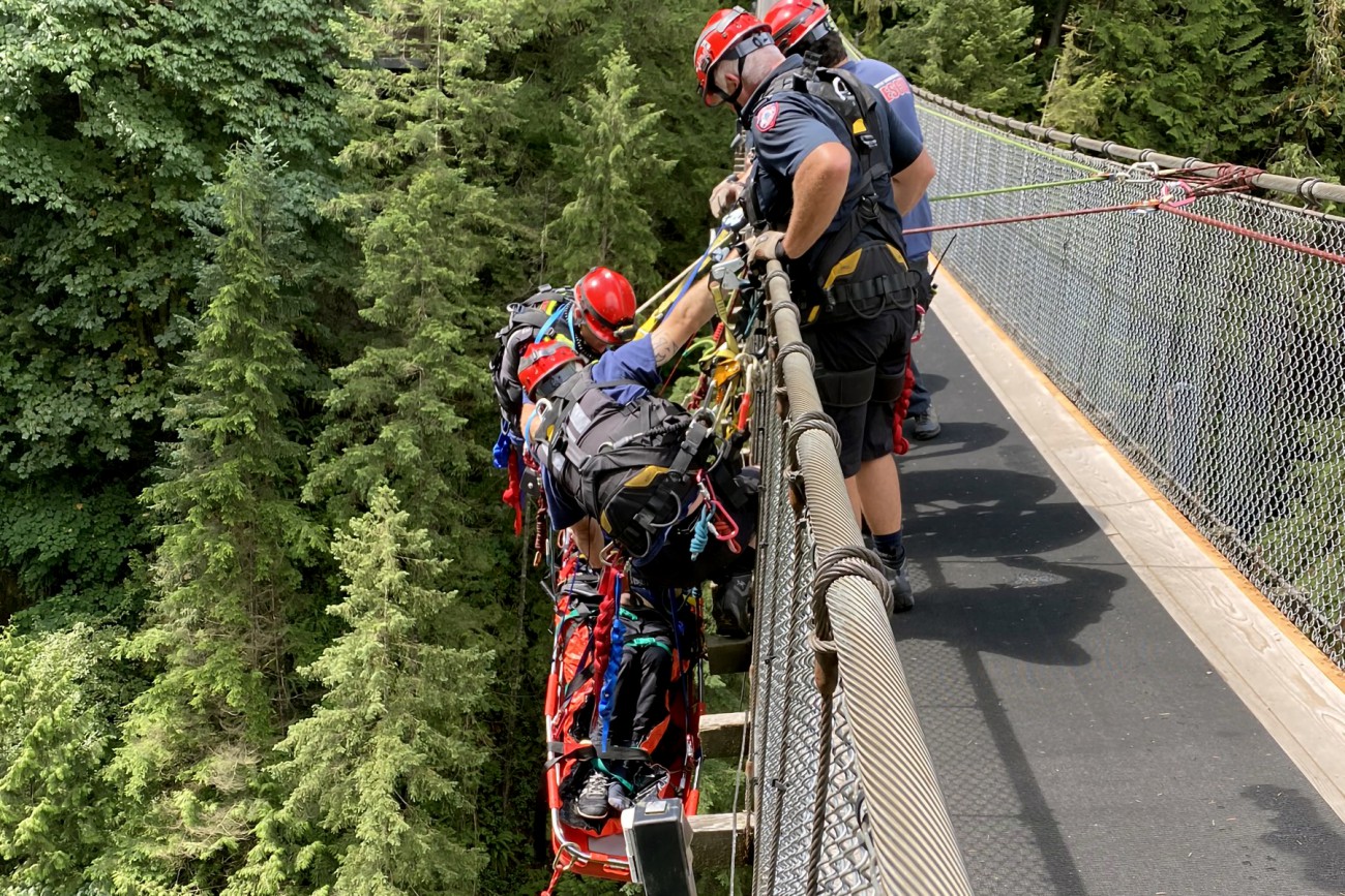 Firefighters practise Urban Search and Rescue exercises at Capilano Bridge.