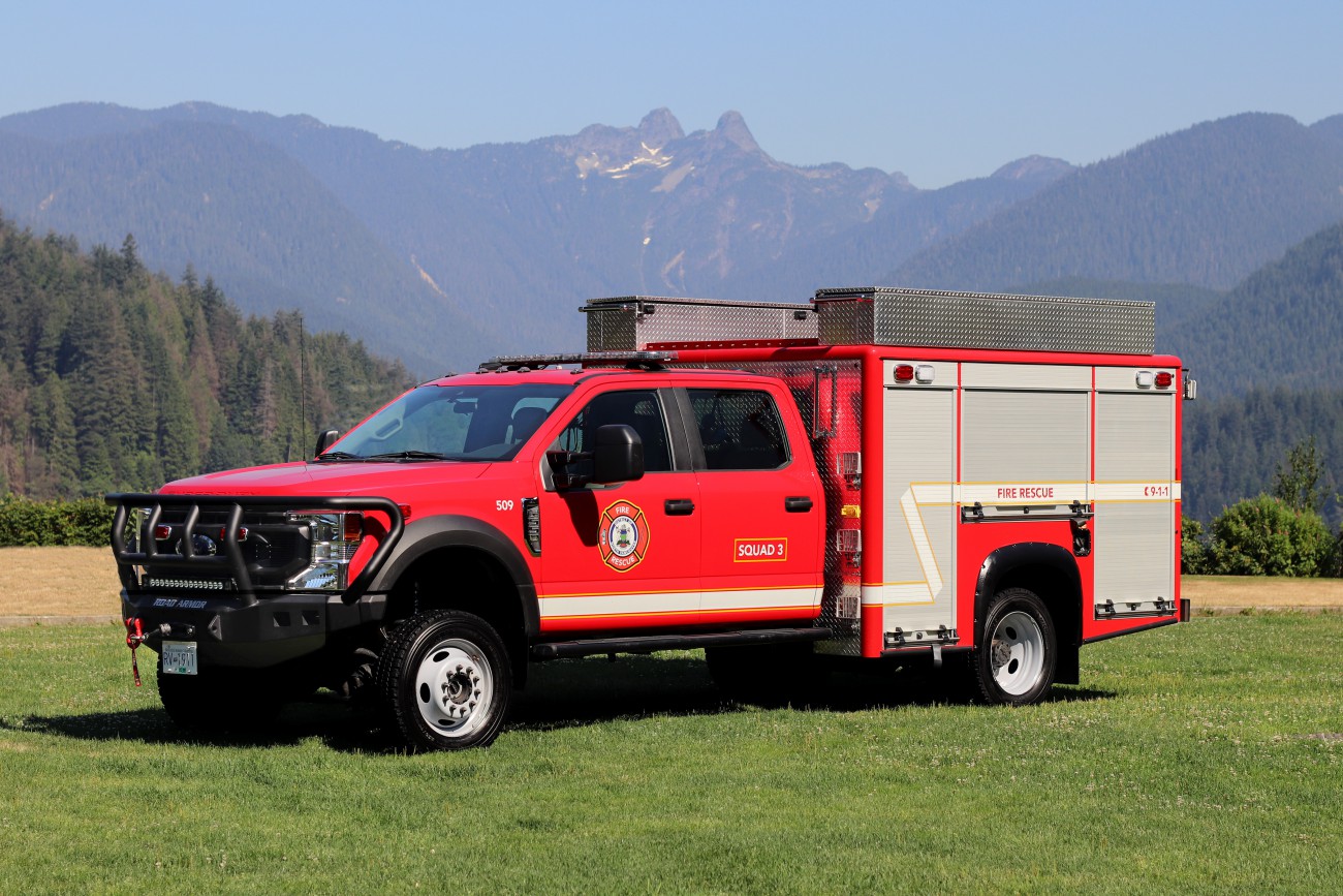 A red wildland pickup truck purpose-built for fire departments to quickly put out wildfires. It comes equipped with a water tank and pump and can reach off-road locations that normal truck cannot. 