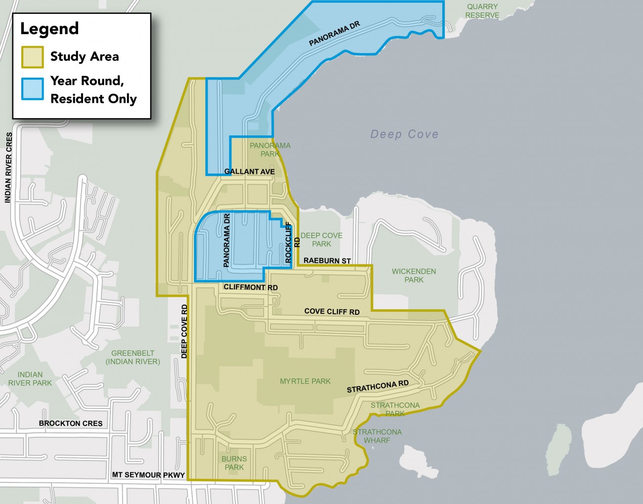 A map showing the study area of the Deep Cove parking review and year-round residents only parking, located along Panorama Drive and Rockcliff Road. 