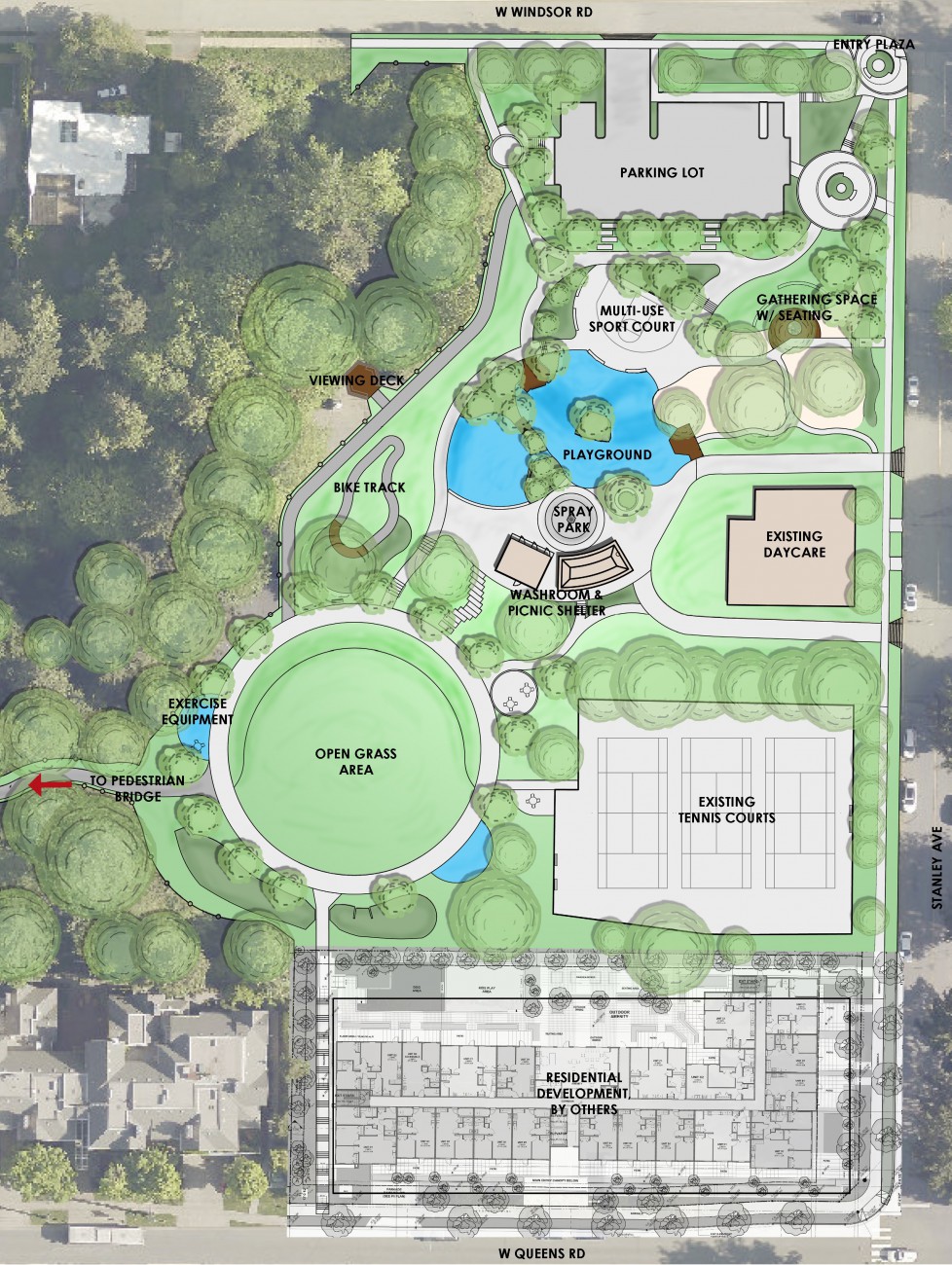 A concept drawing for Delbrook Park that includes exercise equipment, open grass area, spray park, bike track, multi-use sport court and gathering places.