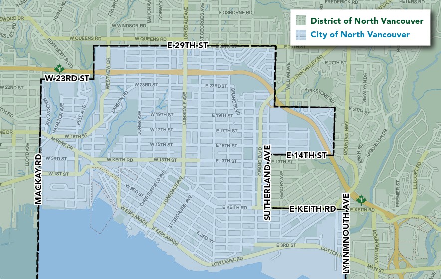 A map that indicates the borders between the City of North Vancouver and the District of North Vancouver.