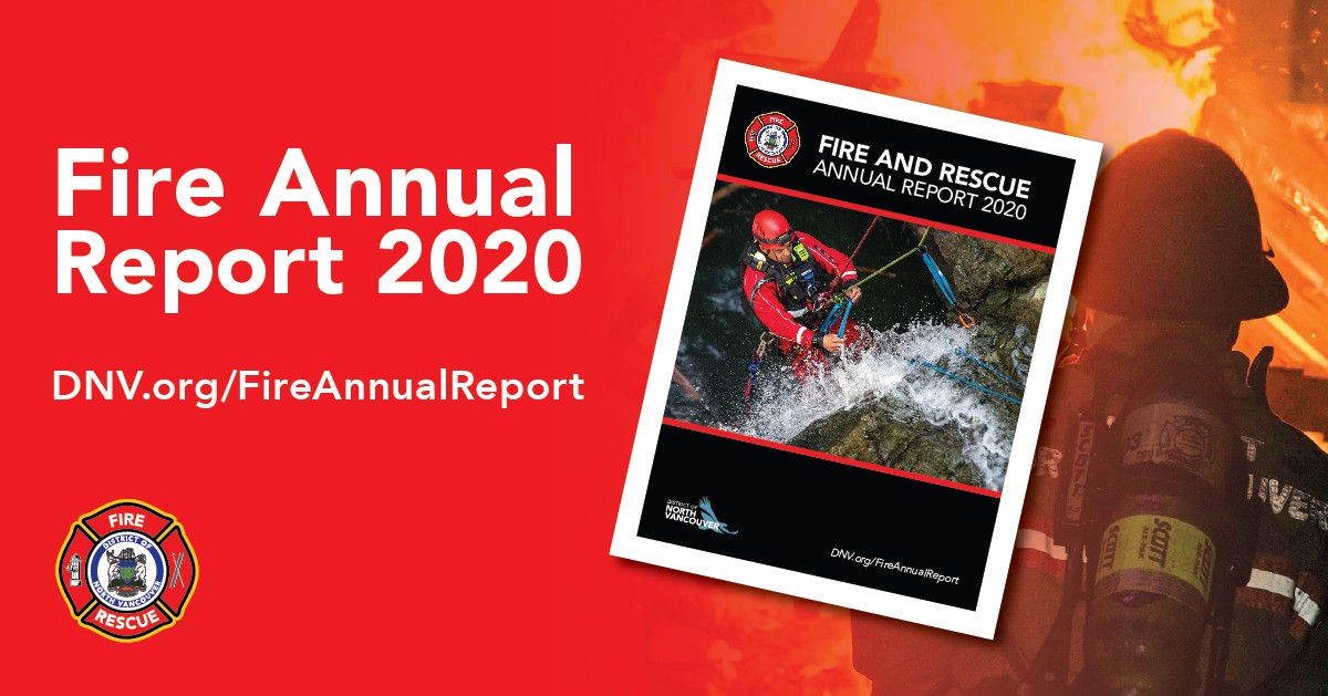 The front cover the DNVFRS annual report, featuring a firefighter involved in river rescue training and another battling a blaze.