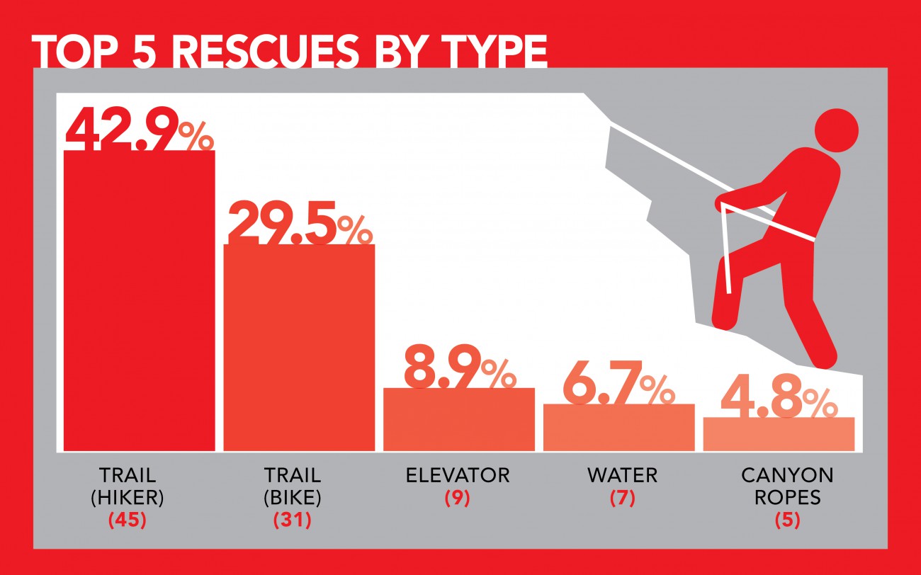 Infogrpahic: In 2021, DNVFRS responded to 105 rescue calls. Of that number, 91% related to outdoor recreation in our forested areas (hikers, mountain bikers, swimmers, kayakers, etc.). Elevator rescues were next at 9%.