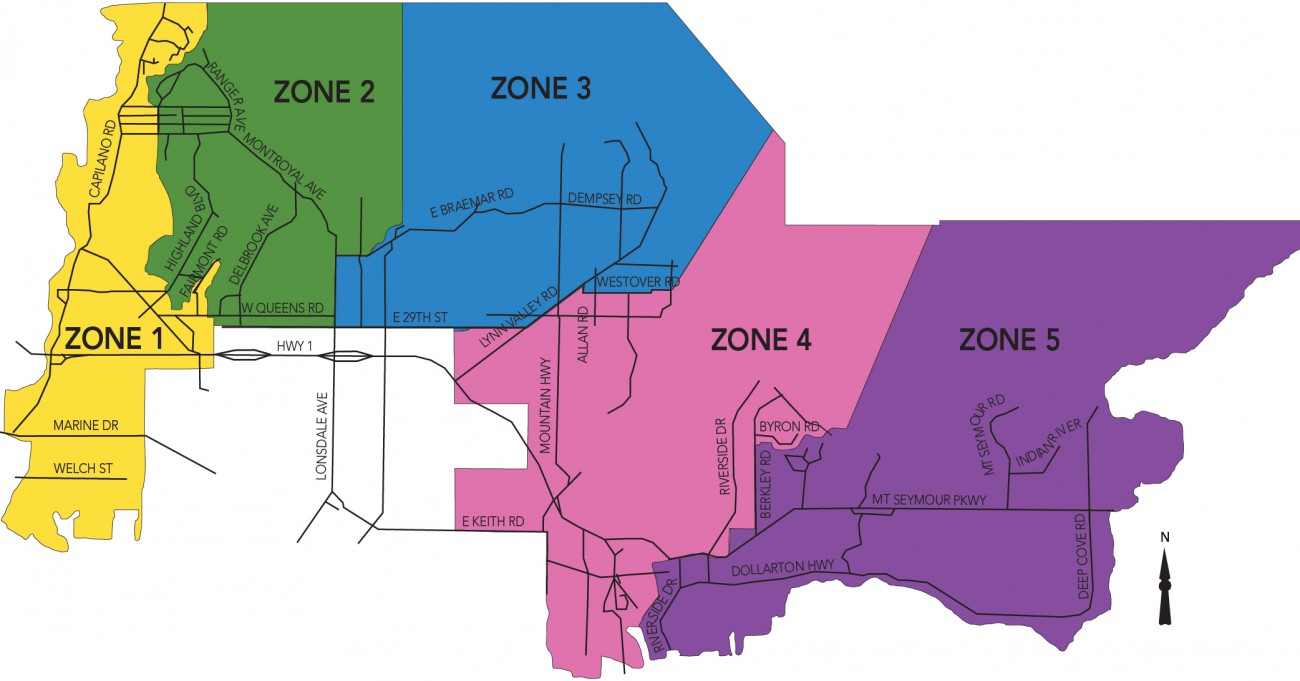 A colour-coded map of the District’s garbage, green waste and recyclables zones. 