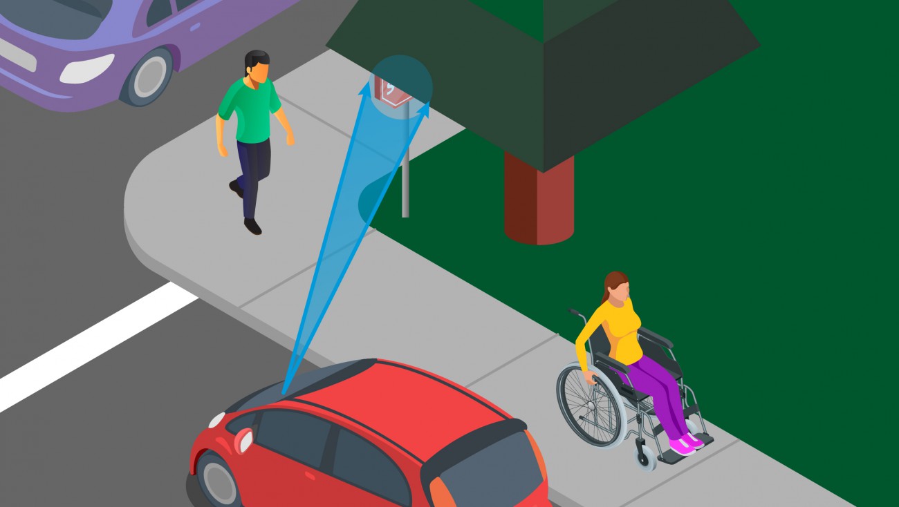 A graphic depicting an overgrown sidewalk tree obscuring a stop sign at a busy intersection. In the picture, a car does not have clear sightline to the sign as a pedestrian and person in a wheelchair make their way along the sidewalk.