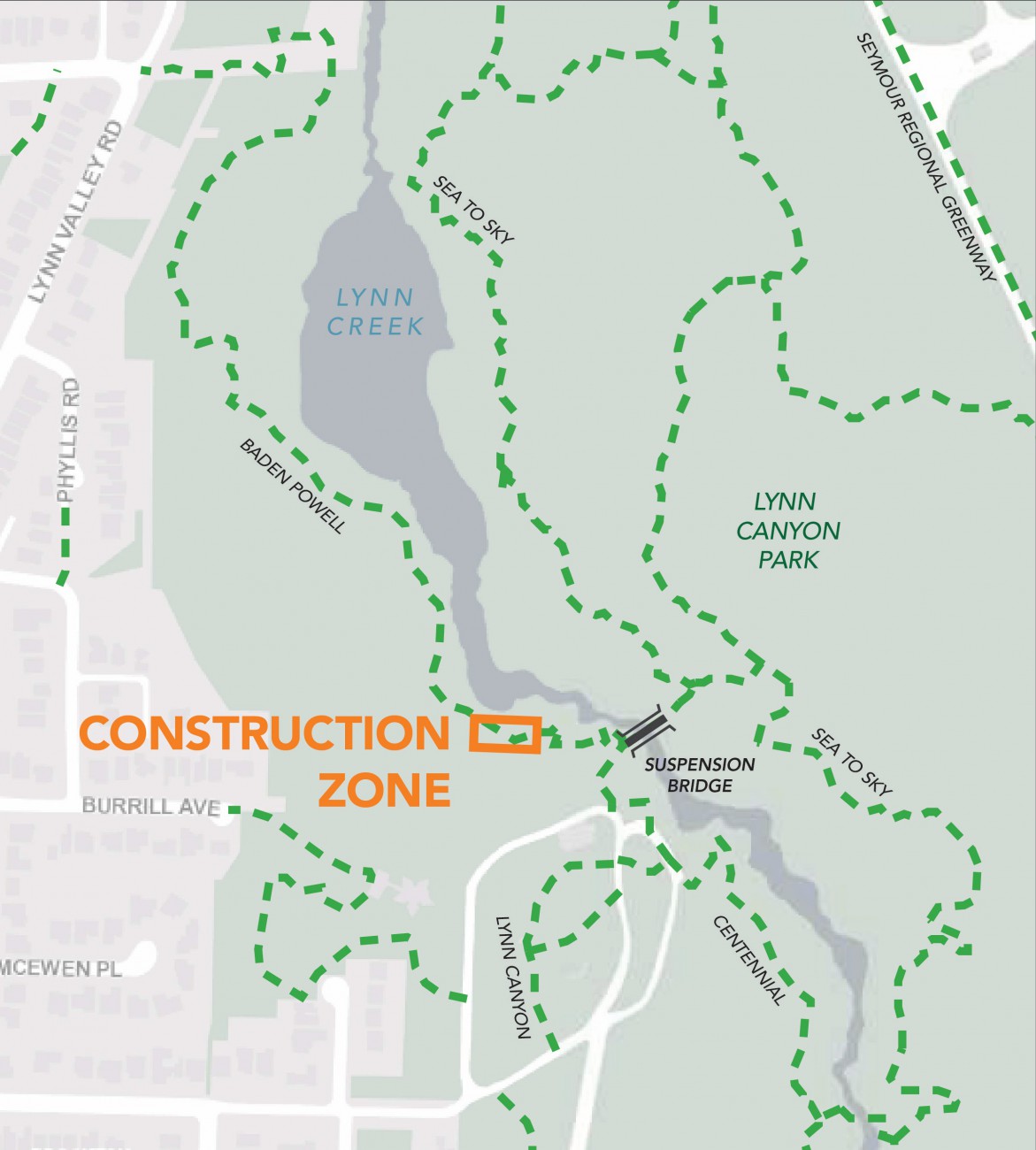 A map of Lynn Canyon Park with construction zone denoted on the Baden Powell trail, near the Suspension Bridge.