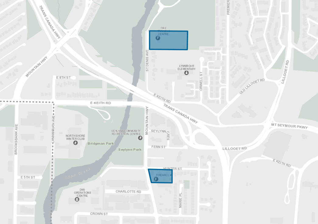 Map of sites located at District-owned sites at&nbsp;900 St Denis Avenue and Mountain Highway/Hunter Street.