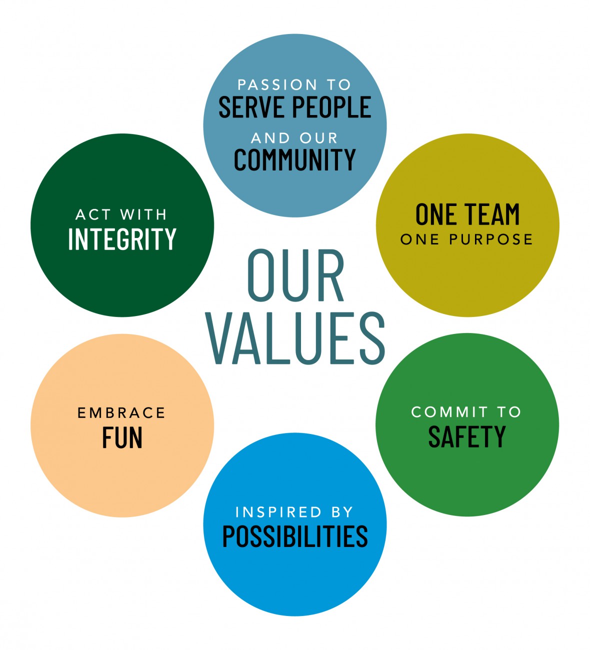 Central 'Our Values' text surrounded by six circles, clockwise: 'Serve people and community', 'One team, one purpose', 'Commit to safety', 'Inspired by possibilities', 'Embrace fun', and 'Act with integrity'.