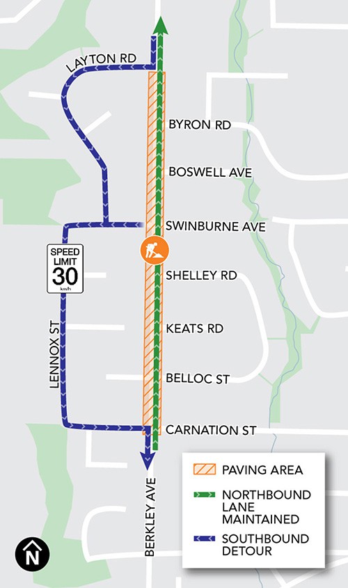 A map indicating the paving area along Berkley Avenue, from Layton Road to Carnation Street. The northbound lane remains unchanged, but there is a southbound detour.