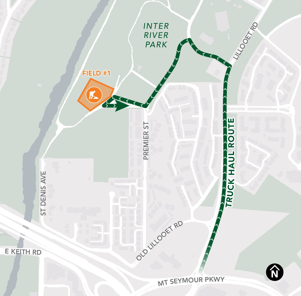 A map of the construction area for a new field at Inter River Park and the route trucks will take to haul away preload material along Lillooet Road. Text on the map notes that no construction vehicles are permitted on Premier Street. 