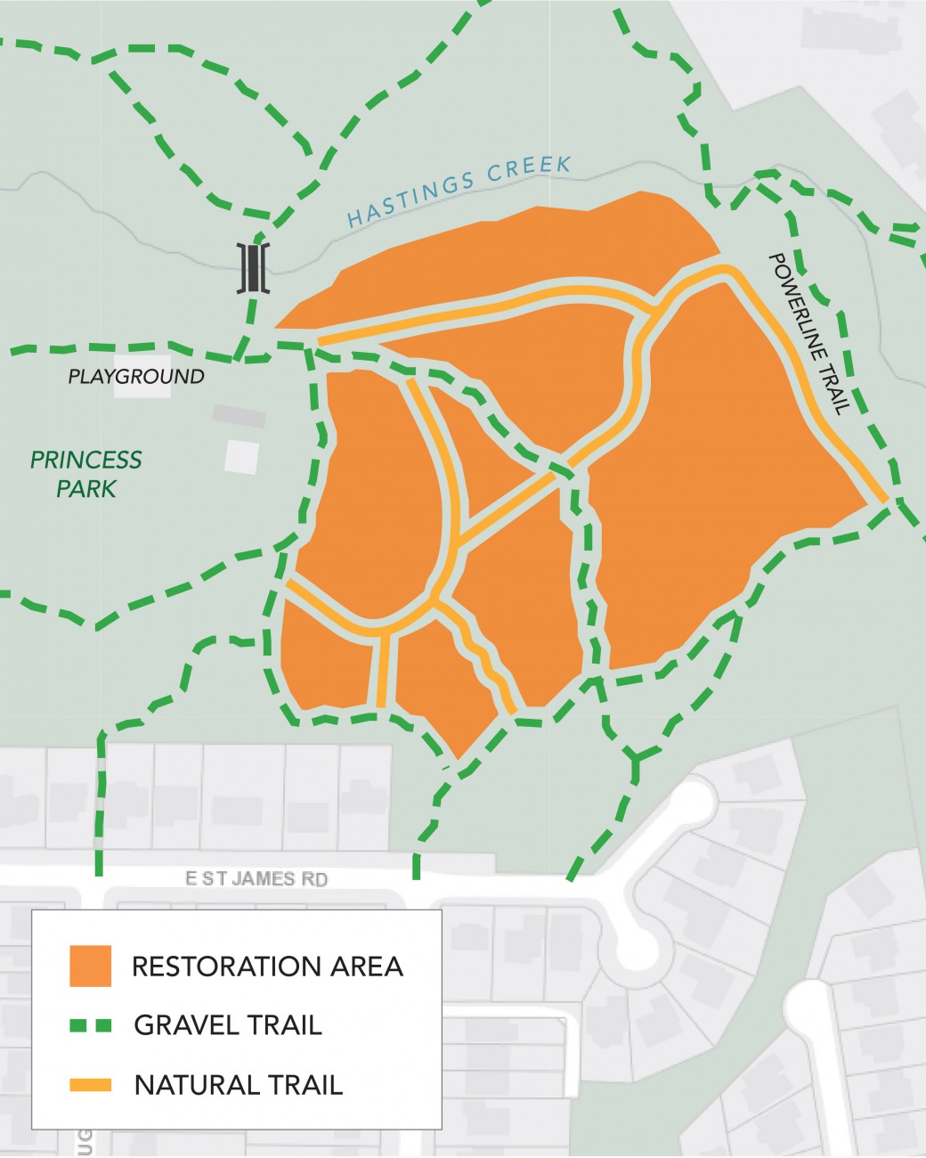 A map of Princess Park that denotes the restoration area in orange, a gravel path with green check line, and natural trail with a solid orange line.