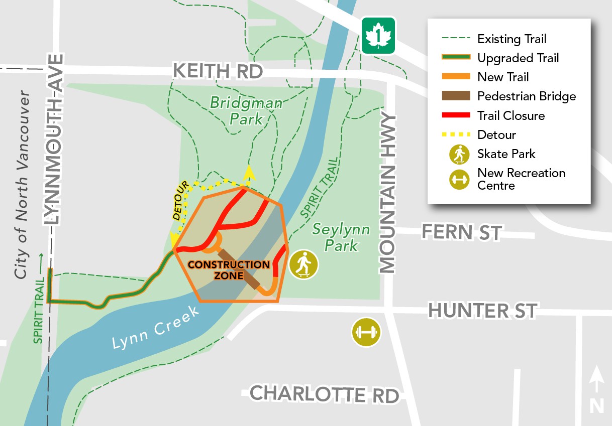 A map of the construction area at the near the Spirit Trail Central Lynn Creek pedestrian bridge.