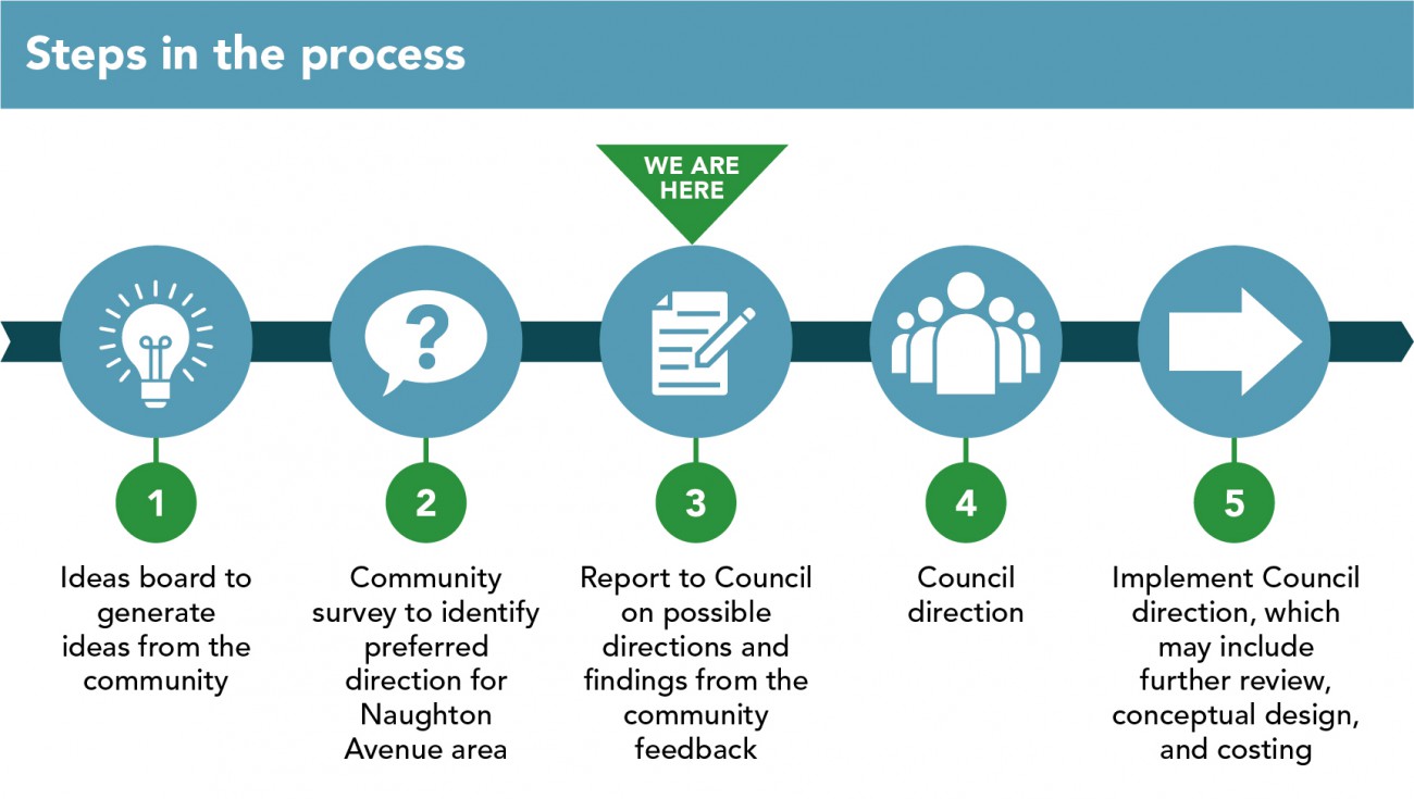 Infographic: Steps in the process: Ideas board, community survey, report to council, council direction, implement direction.