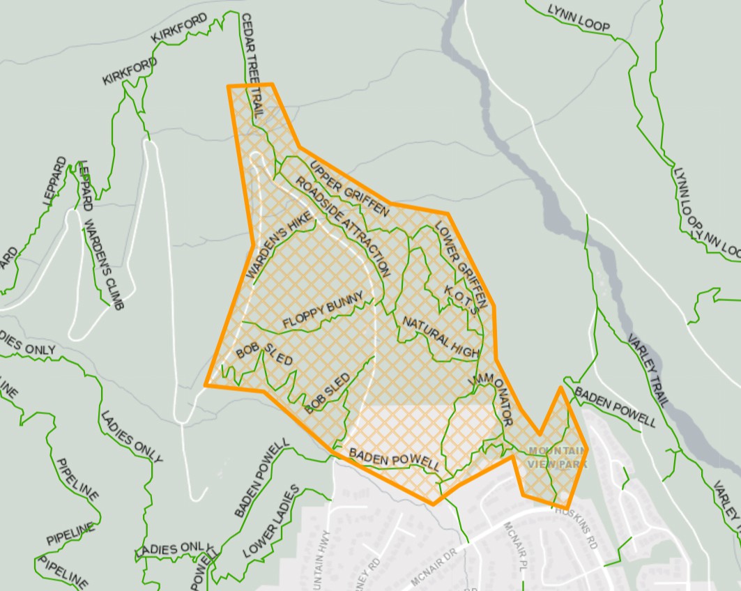 A map of lower Fromme Mountain that shows where hazard tree removals will be taking place. 