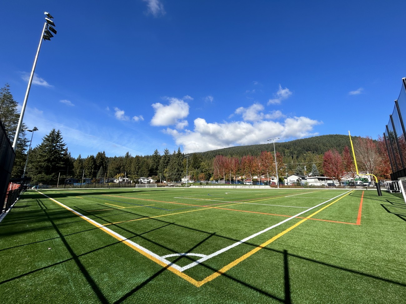 A new turf field surrounded by fall-coloured trees under a blue sky surrounded by homes. 
