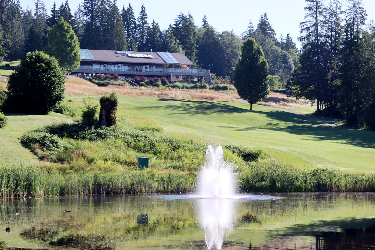 A golf clubhouse on the hill overlooks a pond with a water feature and ducks.