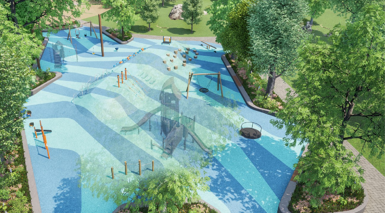 A concept drawing of the new playground area of Belle Isle Park, which includes swings, climbing structures and other structured play features and an adult fitness area. 