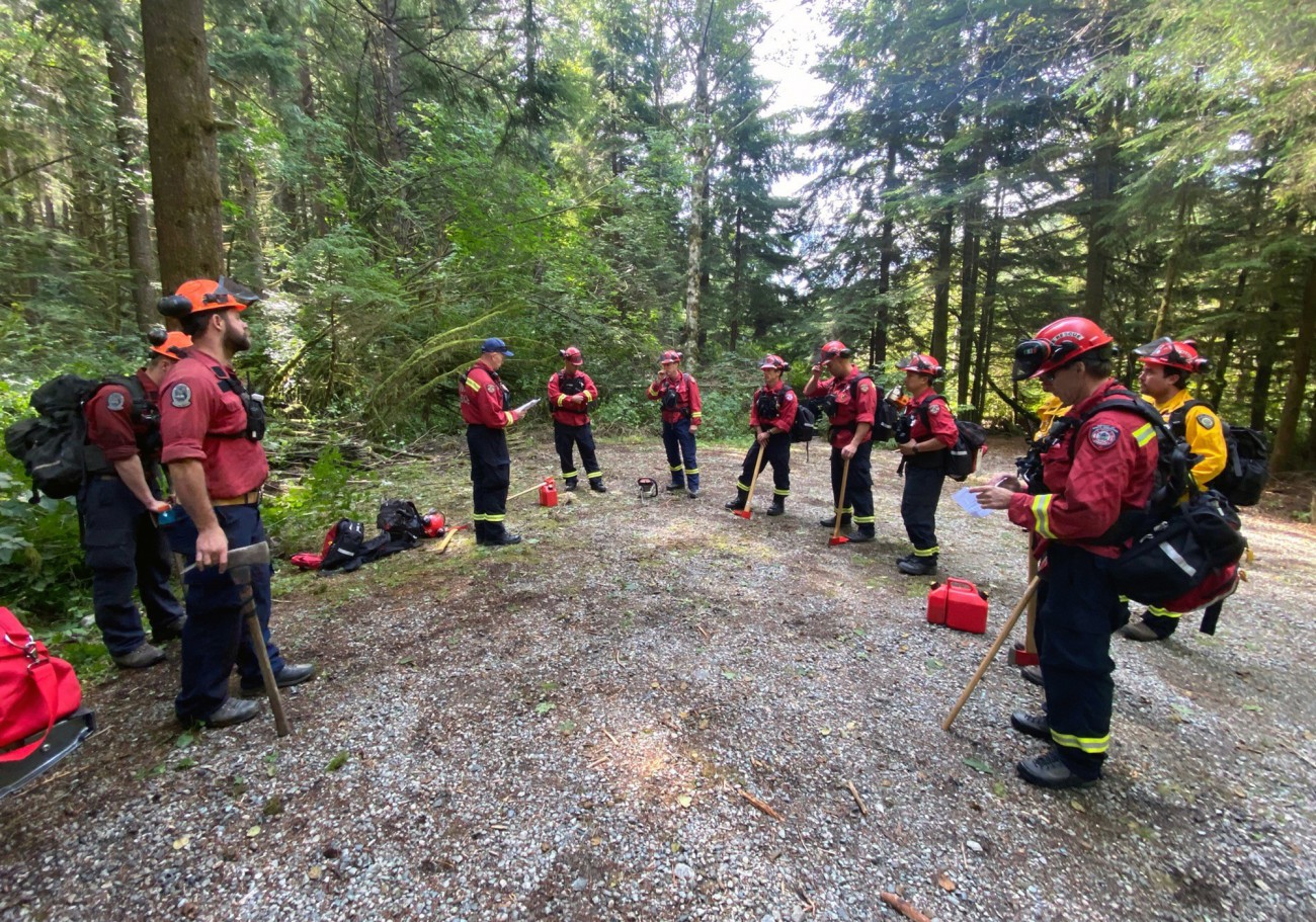Firefighters with axes preparing to fight forest fire