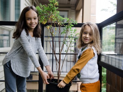 Two kids hold up a planted shrub on their outdoor patio.