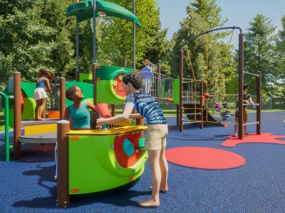 Kids play at a colourful playground.