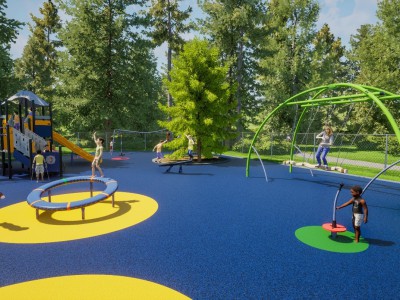 Kids play at a colourful playground.