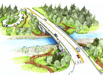 Artists rendering of the new Keith Road Bridge, looking west from Mountain Highway
