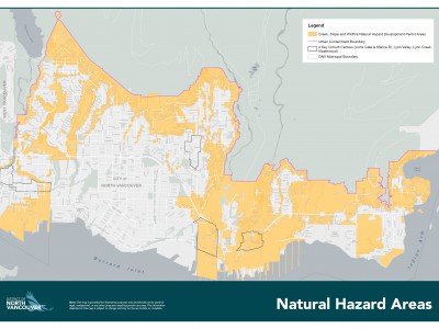 A map of the natural hazard areas in the District of North Vancouver.