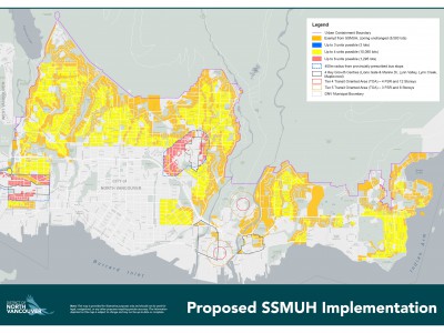 A map indicating Proposed SSMUH Implementation in the District of North Vancouver.