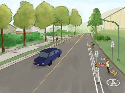 C.	Drawing of a man riding a bicycle along a shared pathway as a woman with a dog walk in the opposite direction. A blue car drives along the street. 