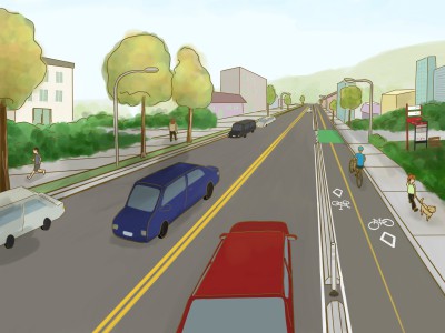 E.	A man rides a bike down a bi-directional bike path as a woman passes in the opposite direction, walking her dog on the sidewalk. Cars move in either direction on the road.