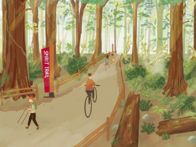 A multi-use unpaved path through the park, with a hiker, bike rider and woman waling a dog. As sign reads: Spirit Trail