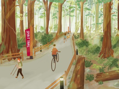 A multi-use paved path through the park, with a hiker, bike rider and woman waling a dog. As sign reads: Spirit Trail.