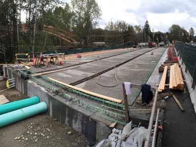 Precast concrete deck panels installed on the new bridge girders