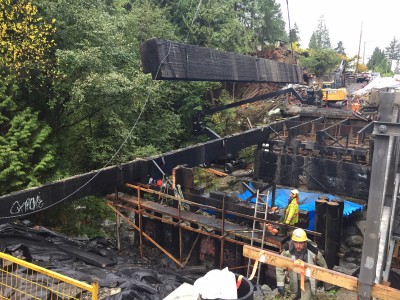 A photo of the demolition of the old Montroyal bridge