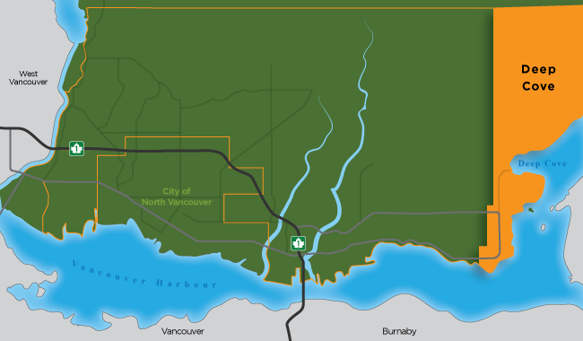 Map illustration showing the boundaries of Deep Cove in North Vancouver District