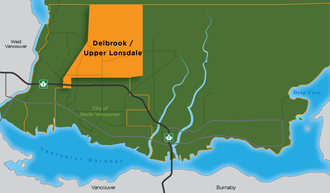 Map illustration showing the Delbrook area of North Vancouver District