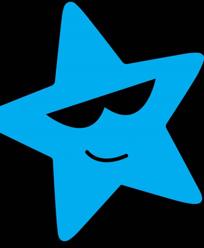 A blue star icon with sunglasses and a smile. 