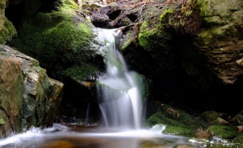 Waterfall and mossy rocks