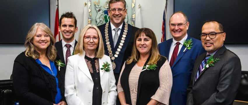 District of North Vancouver Council (pictured left to right): Catherine Pope, Jordan Back, Betty Forbes, Mayor Mike Little, Lisa Muri, Jim Hanson and Herman Mah.